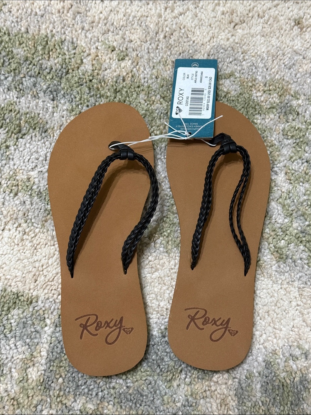 Roxy Women's Black Braided Strap Sandals with Brown Footbed